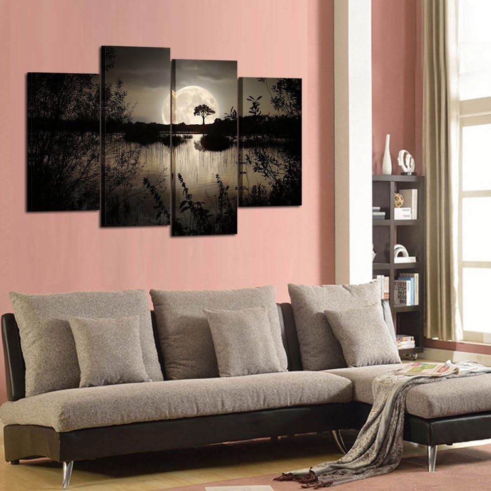 4 Pieces Canvas Prints Wall Art Big Moon Over Lake Dark Forest Modern Canvas Painting Landscape Picture Peaceful Jungle Poster Giclee Artwork Z459561