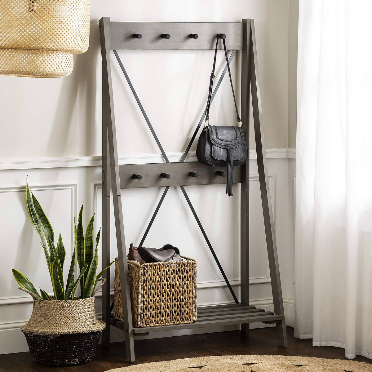 Grey Solid Wood Hall Tree U86268