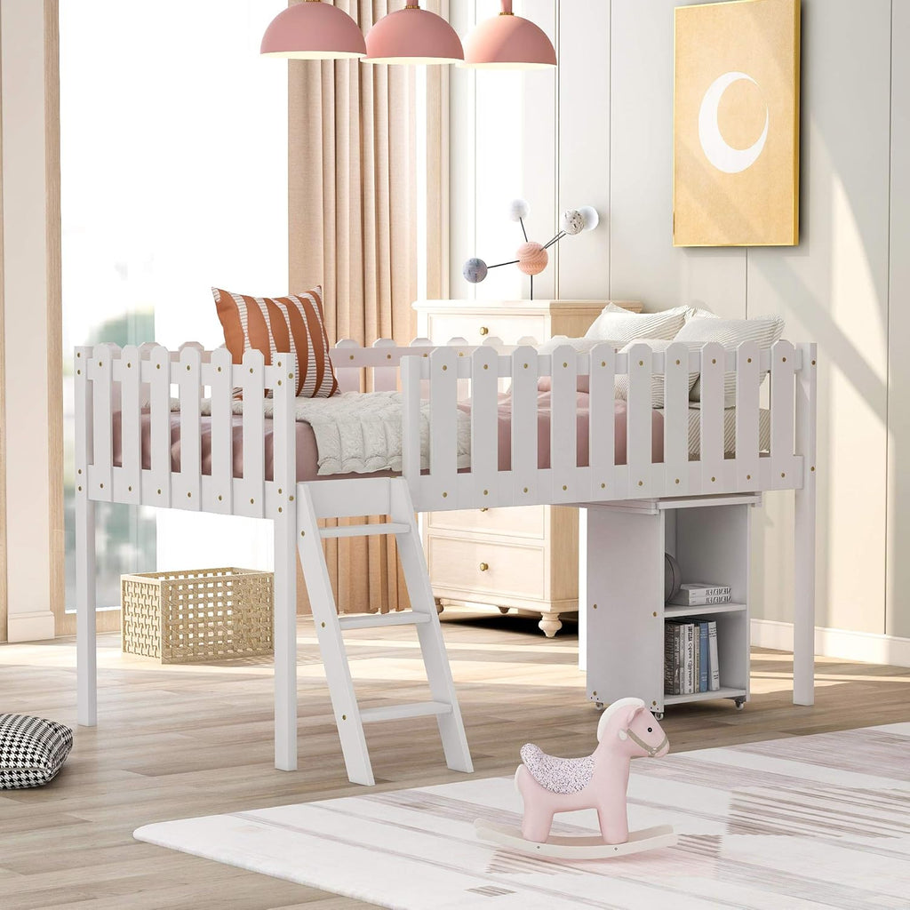 White Twin Size Wooden Loft Bed with Desk and Cabinet O430