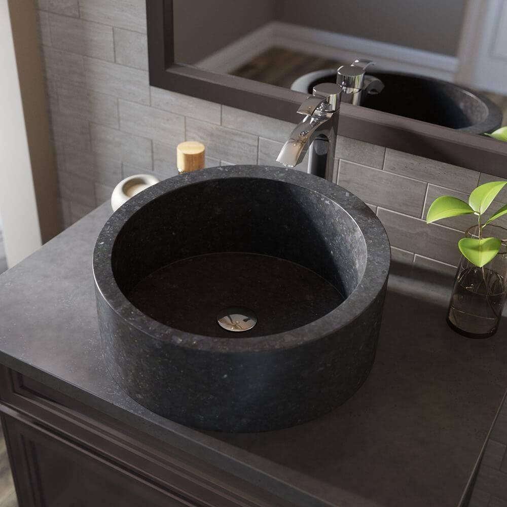 Honed Basalt Vessel Sink Ensemble with Chrome Finish Faucet, Pop-Up Drain, and Sink Ring L895403