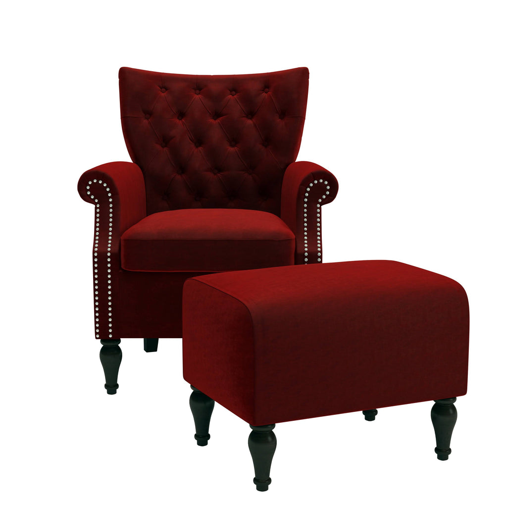 Button Tufted Rolled Arm Chair and Ottoman Charcoal Gray Velvet A8392
