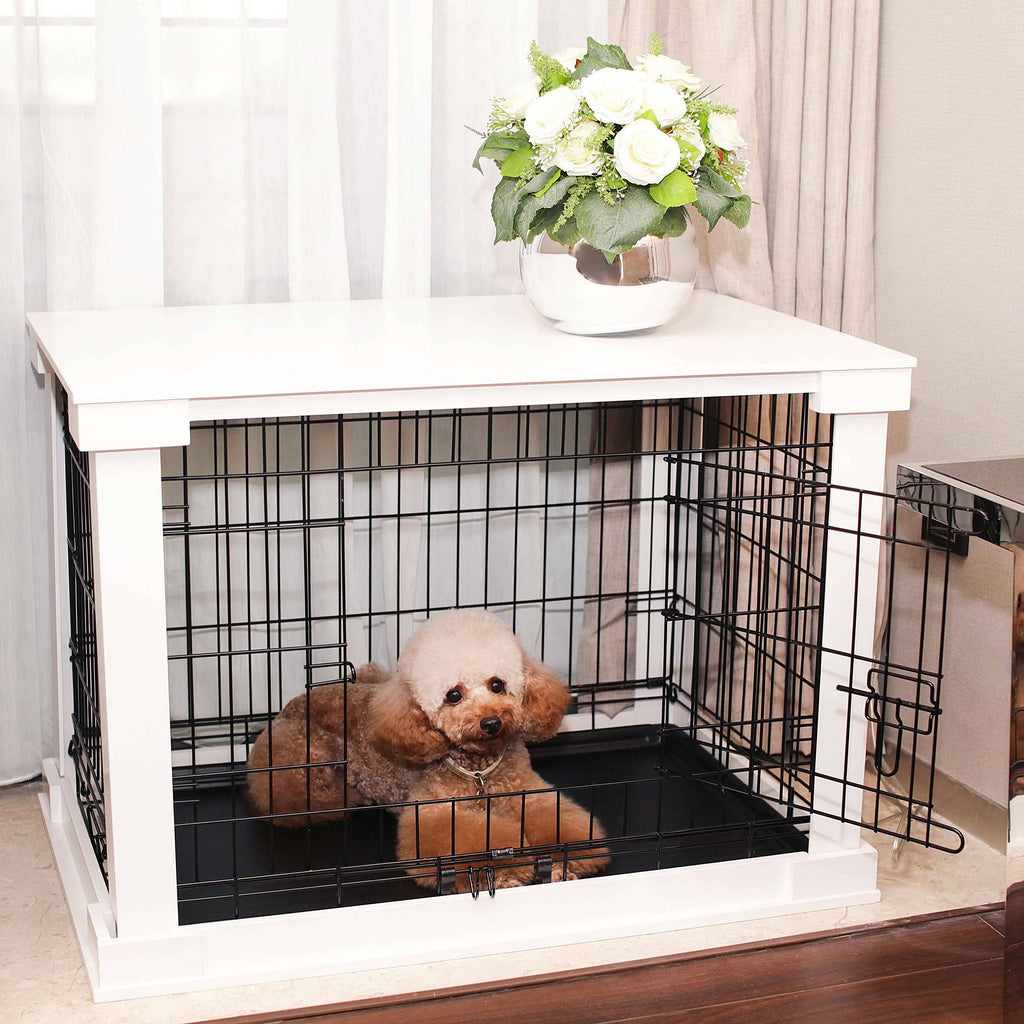 White Wooden Pet Kennel with Crate Cover Small J942626