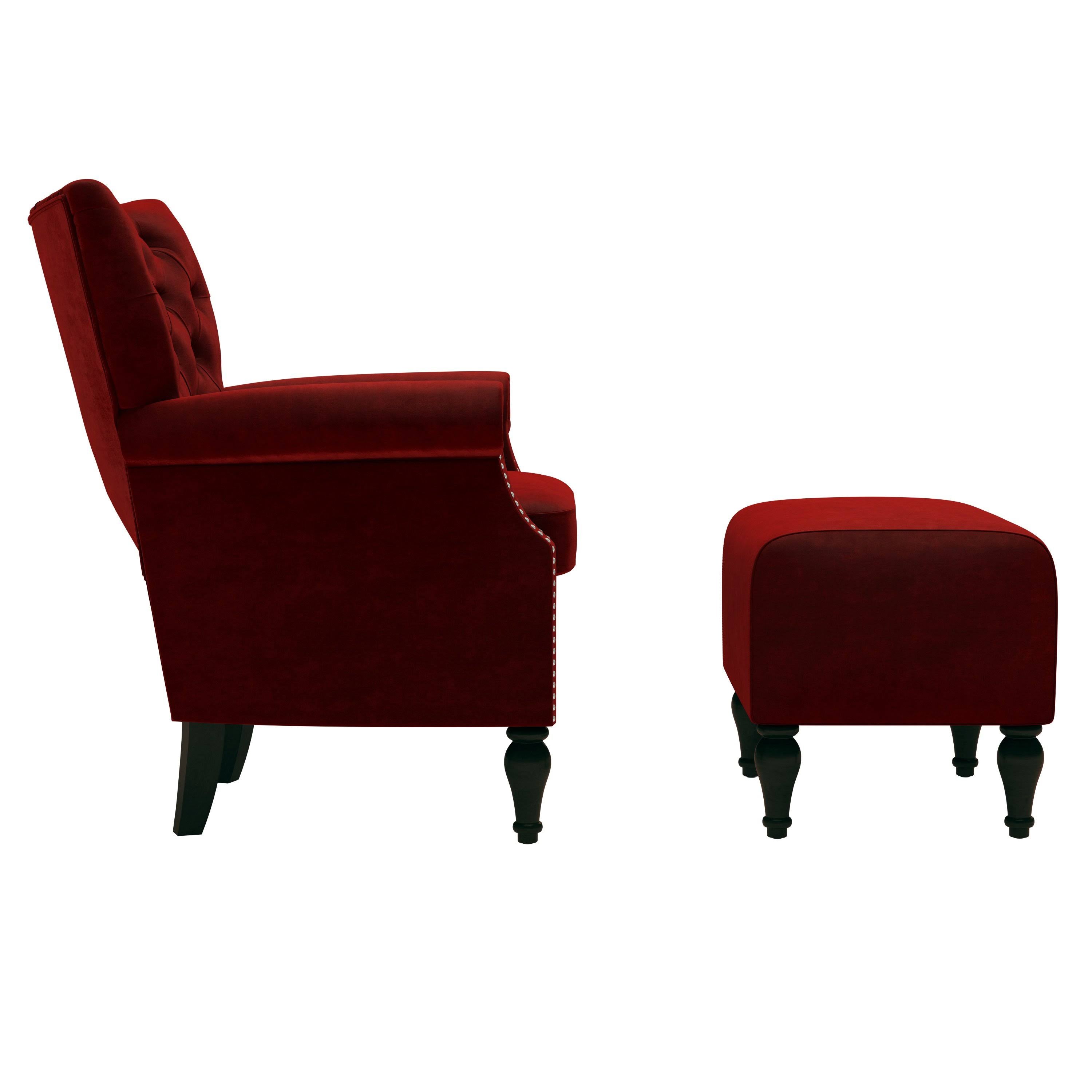 Button Tufted Rolled Arm Chair and Ottoman Charcoal Gray Velvet A8392