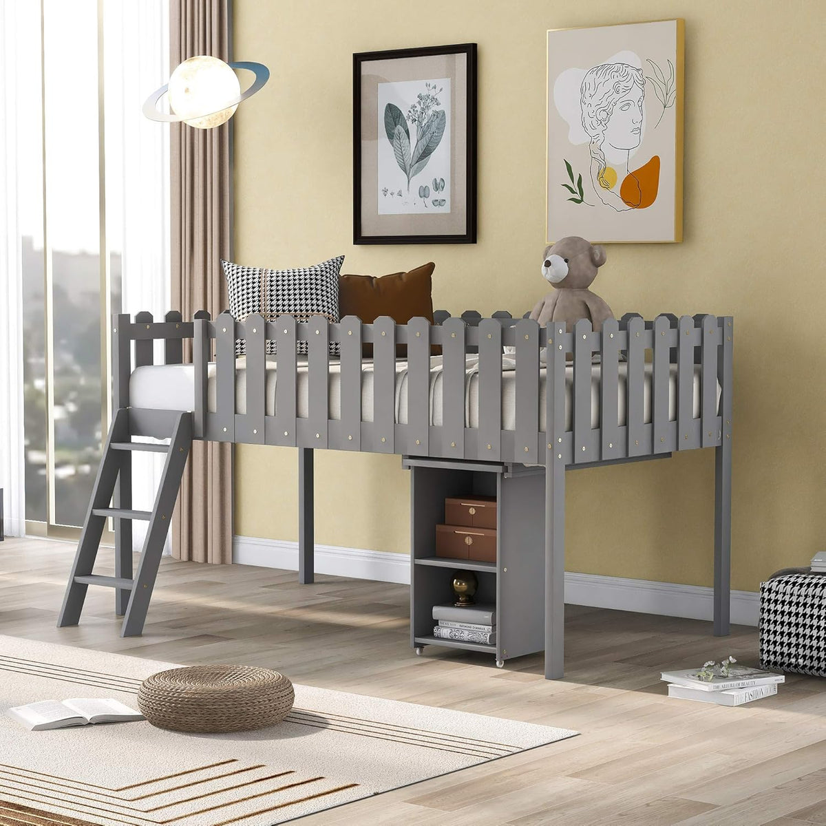 White Twin Size Wooden Loft Bed with Desk and Cabinet O430