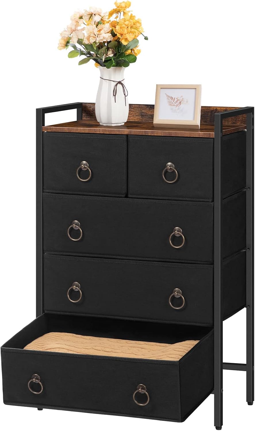 5 Drawer Dresser with Steel Frame and Wood Top D766