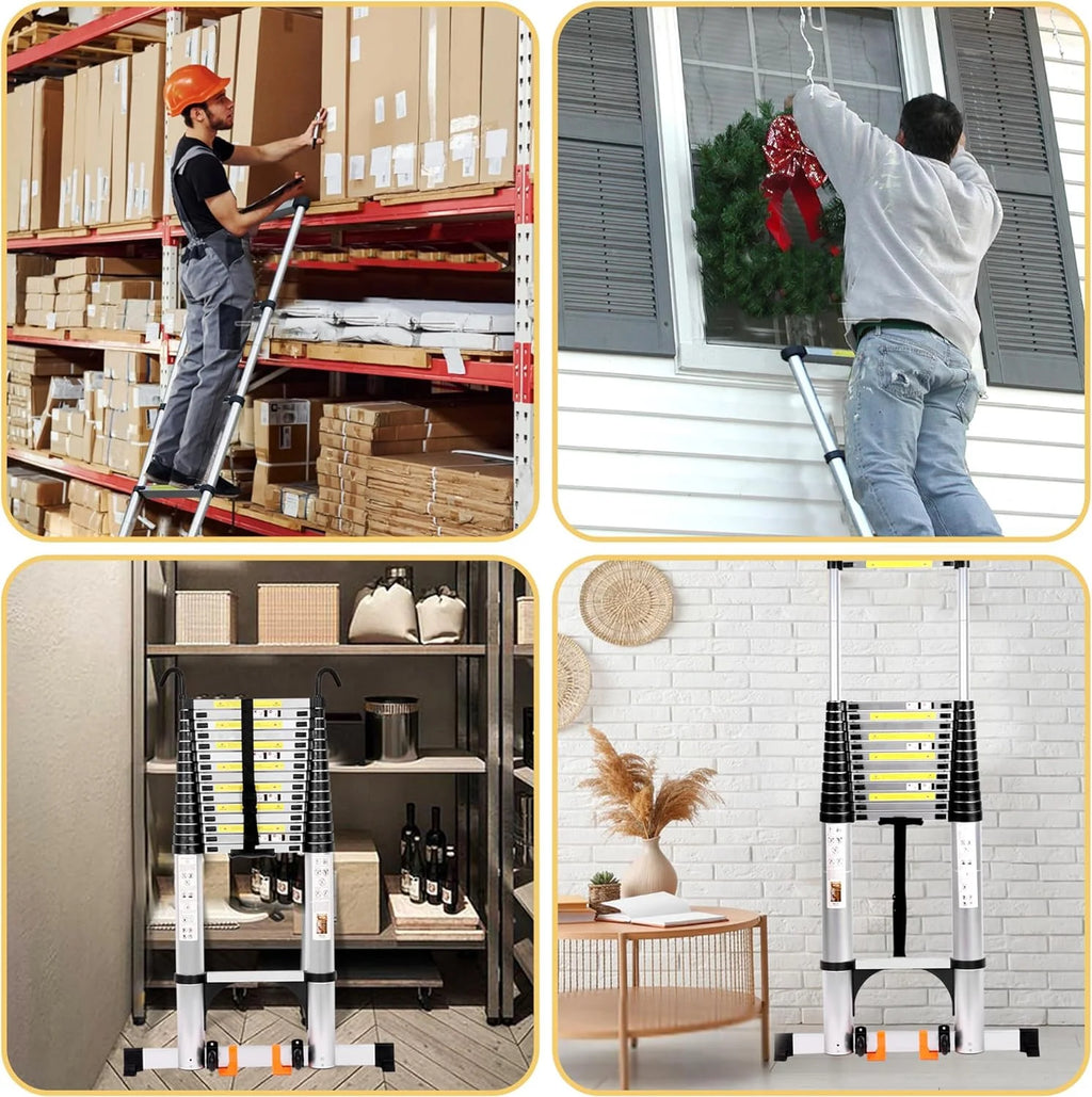 20.3FT Aluminum Telescoping Ladder with Triangle Stabilizers & Detachable Hooks, 330lbs Capacity M844