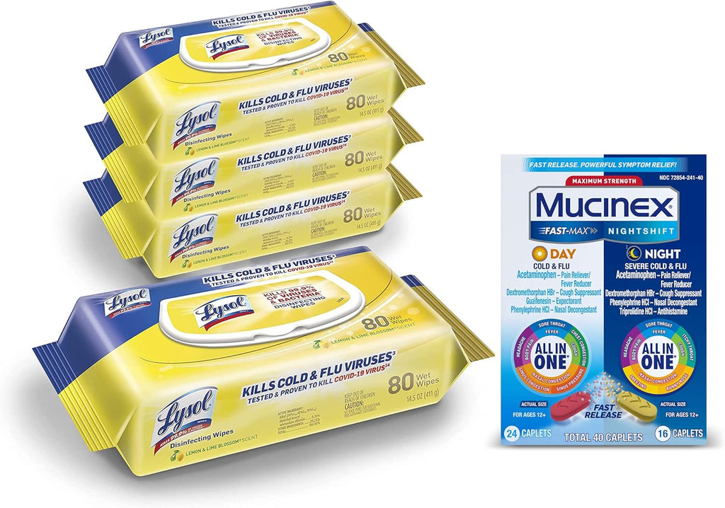 Lysol Disinfectant Cleaning Wipes, Lemon and Lime Blossom, 320 Count (Pack of 4) and Mucinex Fast-Max Day Cold & Flu & Night Severe All in One, 40 caplets (24 Daytime, 16 Nighttime) Pack of 2 G9538