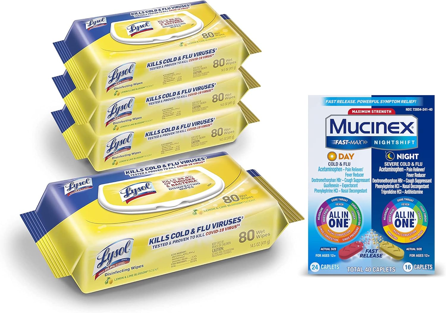 Lysol Disinfectant Cleaning Wipes, Lemon and Lime Blossom, 320 Count (Pack of 4) and Mucinex Fast-Max Day Cold & Flu & Night Severe All in One, 40 caplets (24 Daytime, 16 Nighttime) Pack of 2 G9538