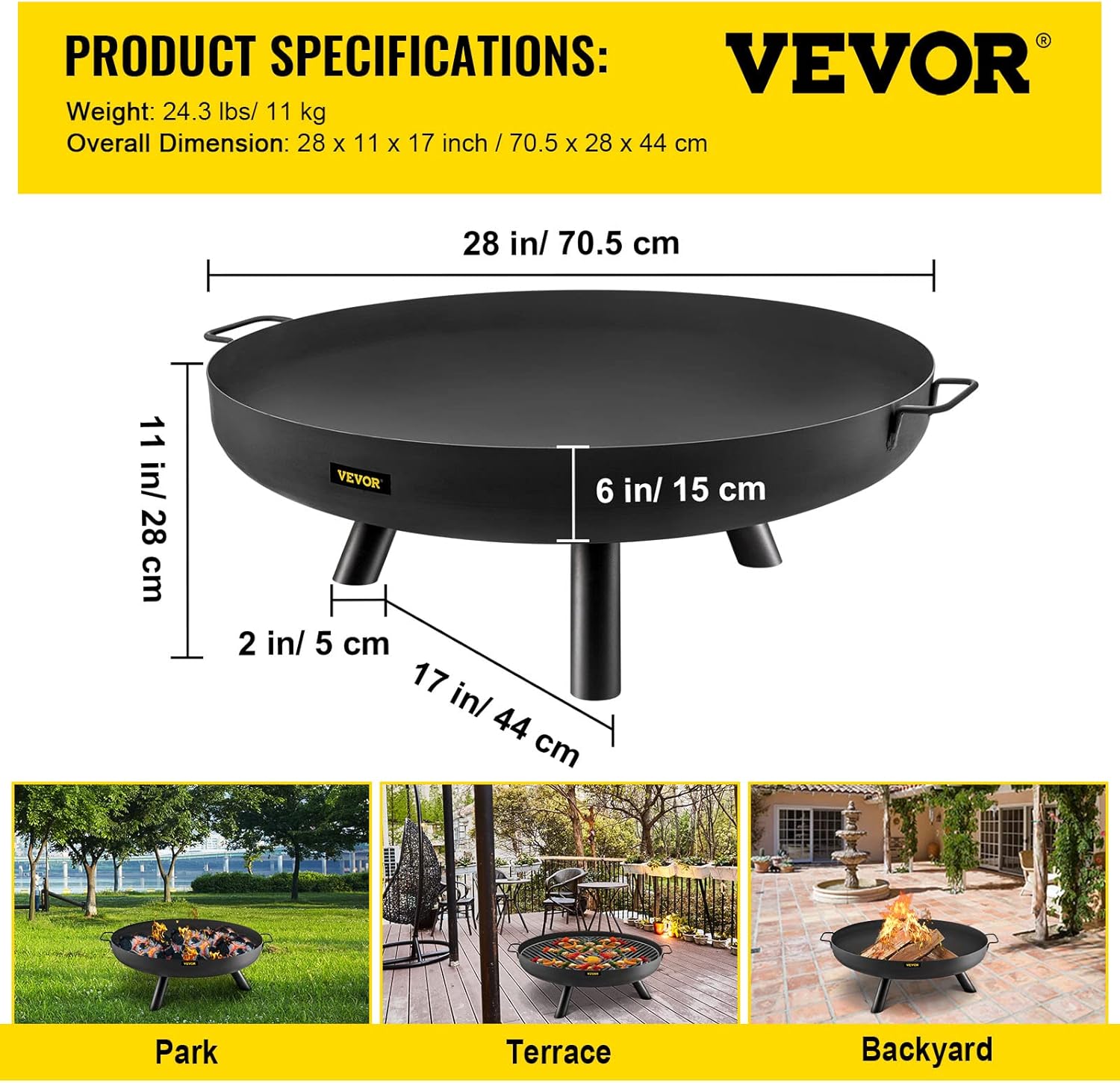 28-Inch Round Carbon Steel Fire Pit Bowl with Drain Hole and Handles W854