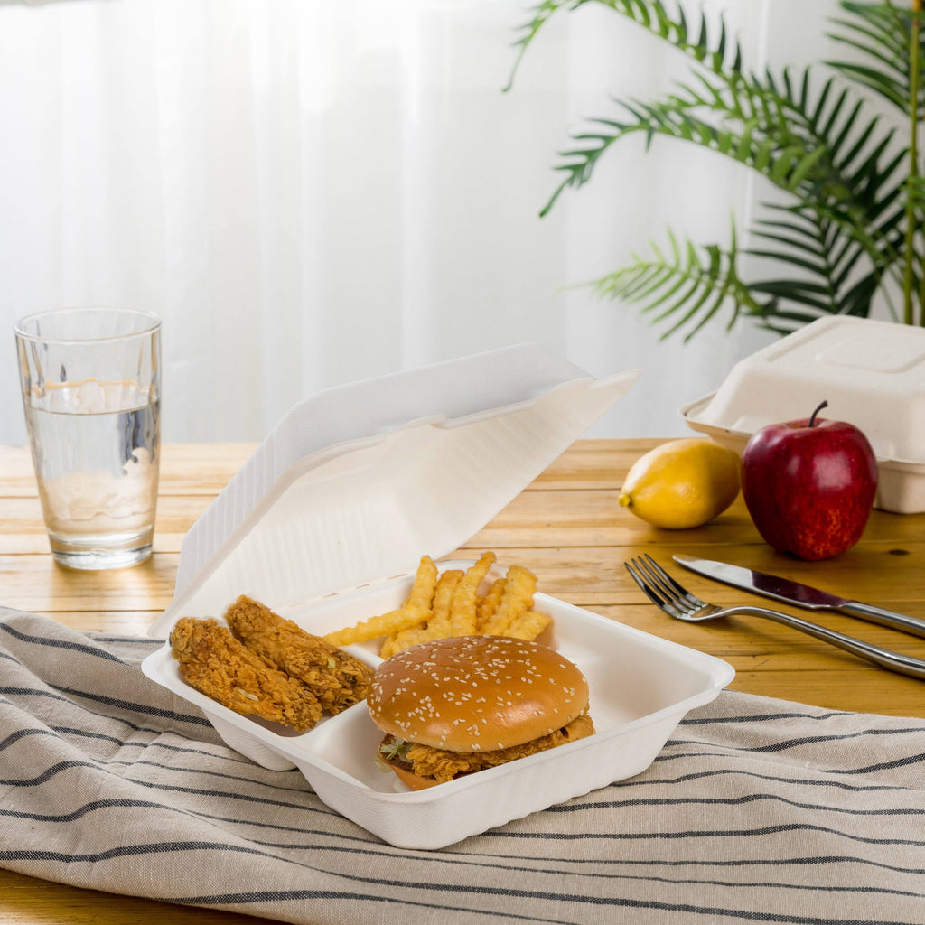 10 inch Natural Compostable Sugarcane Sectional Clamshell Containers, 300 Pack V630