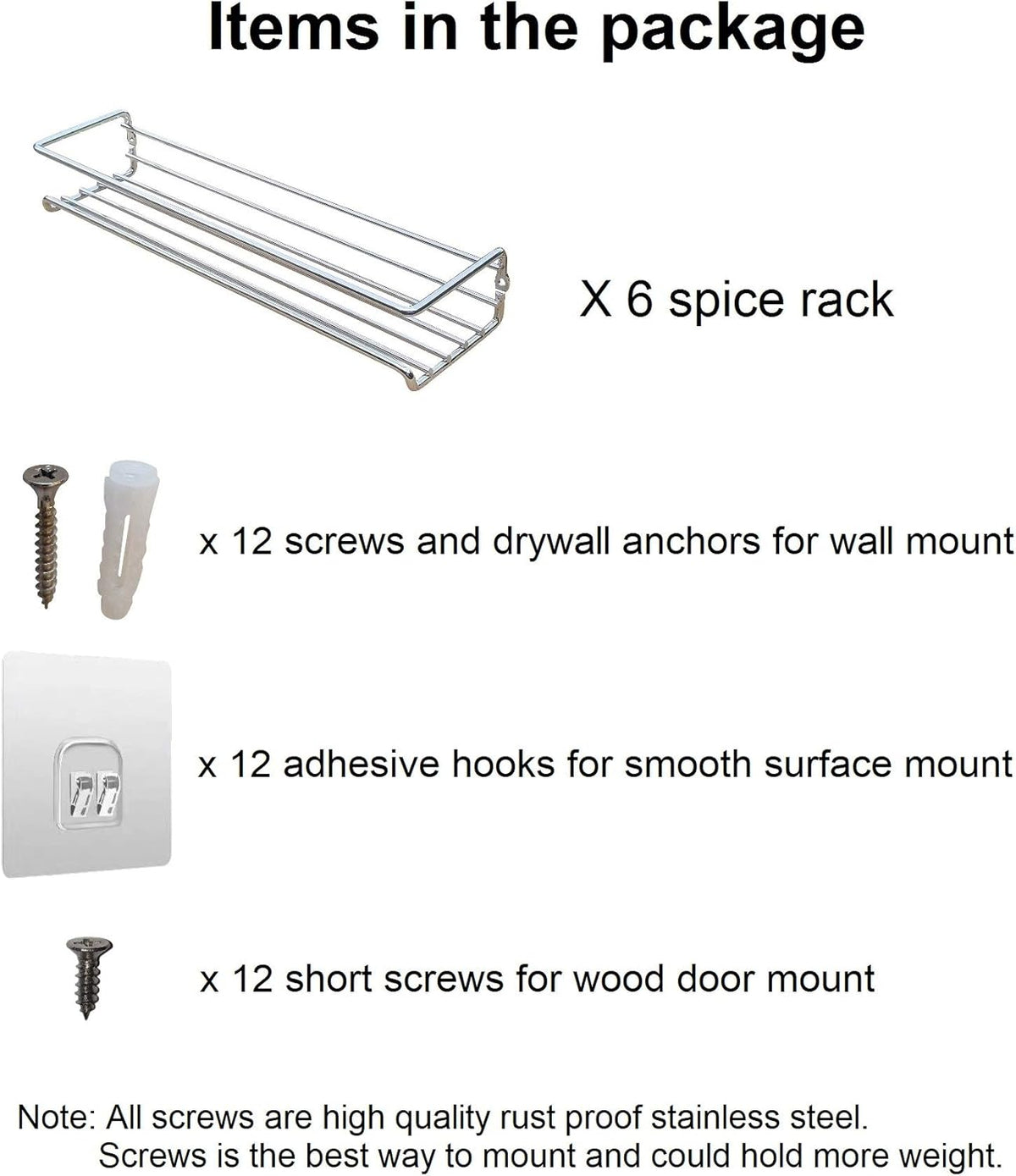 6 Pack Wall Mount Spice Rack Organizer for Cabinet, 12 x 3 x 3 inches U1833