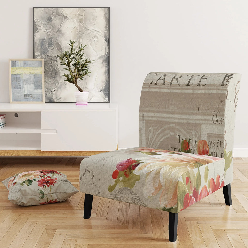 Red Painted Flowers On Vintage Postcard III Upholstered Accent Chair E49388