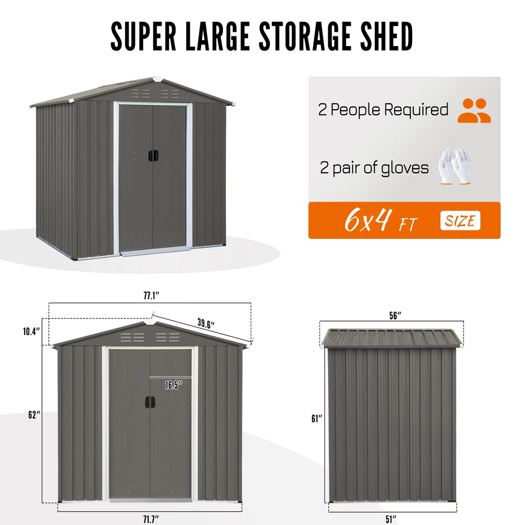 6x4 ft Galvanized Steel Outdoor Storage Shed with Sliding Door F2114