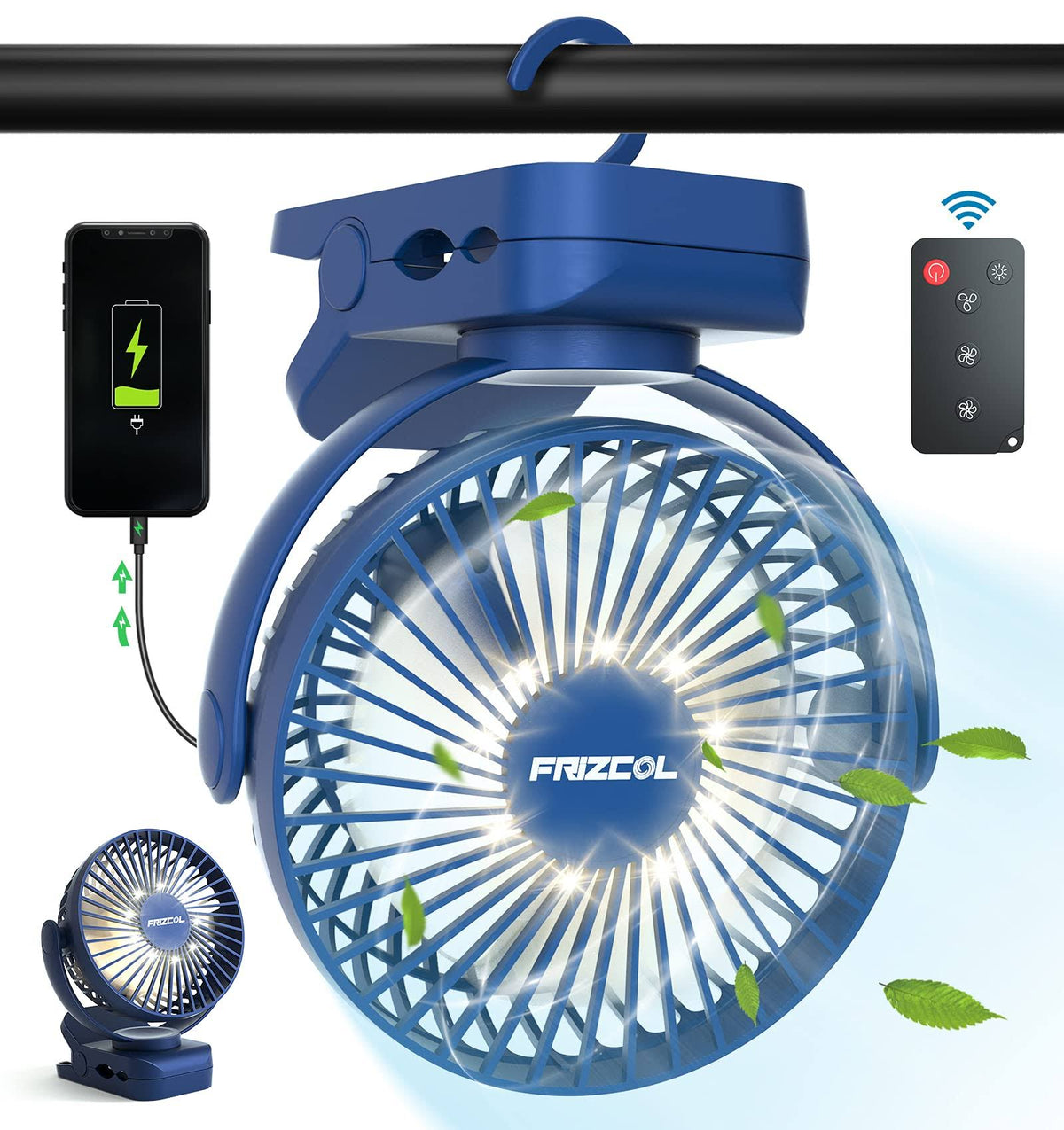 11800 mAh Rechargeable Battery Operated Camping Fan with LED Light and Clips O89809