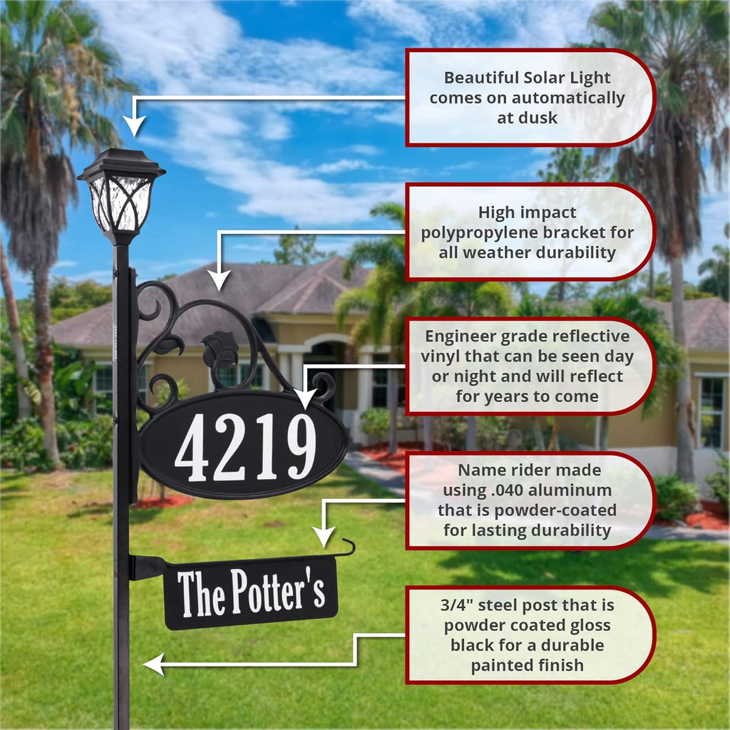 Handcrafted Oval Reflective Home Address Sign with Name Rider and Solar Light C166411