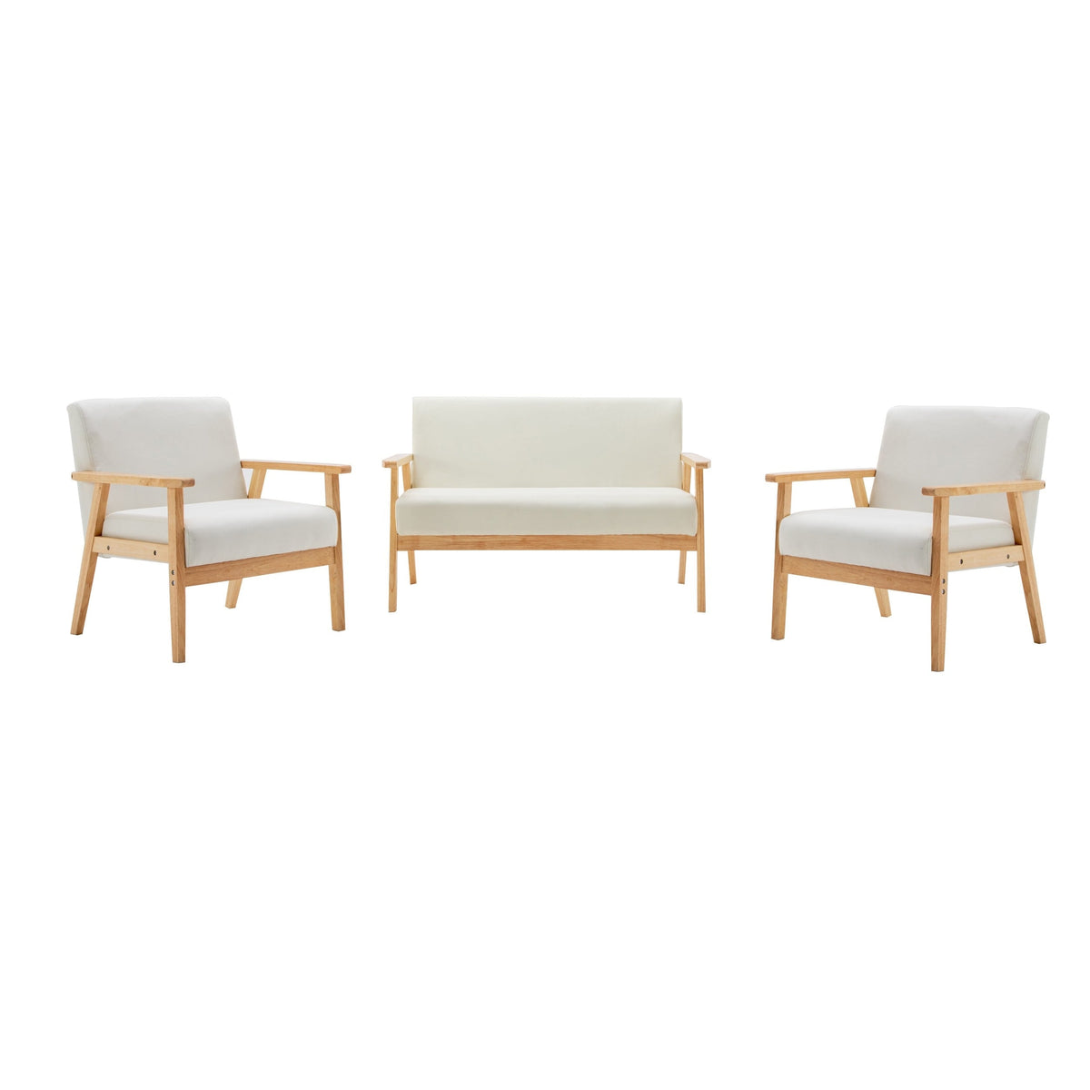 3 Piece Loveseat and Chair Set, Ivory Fabric, Espresso Wood Frame Z600269