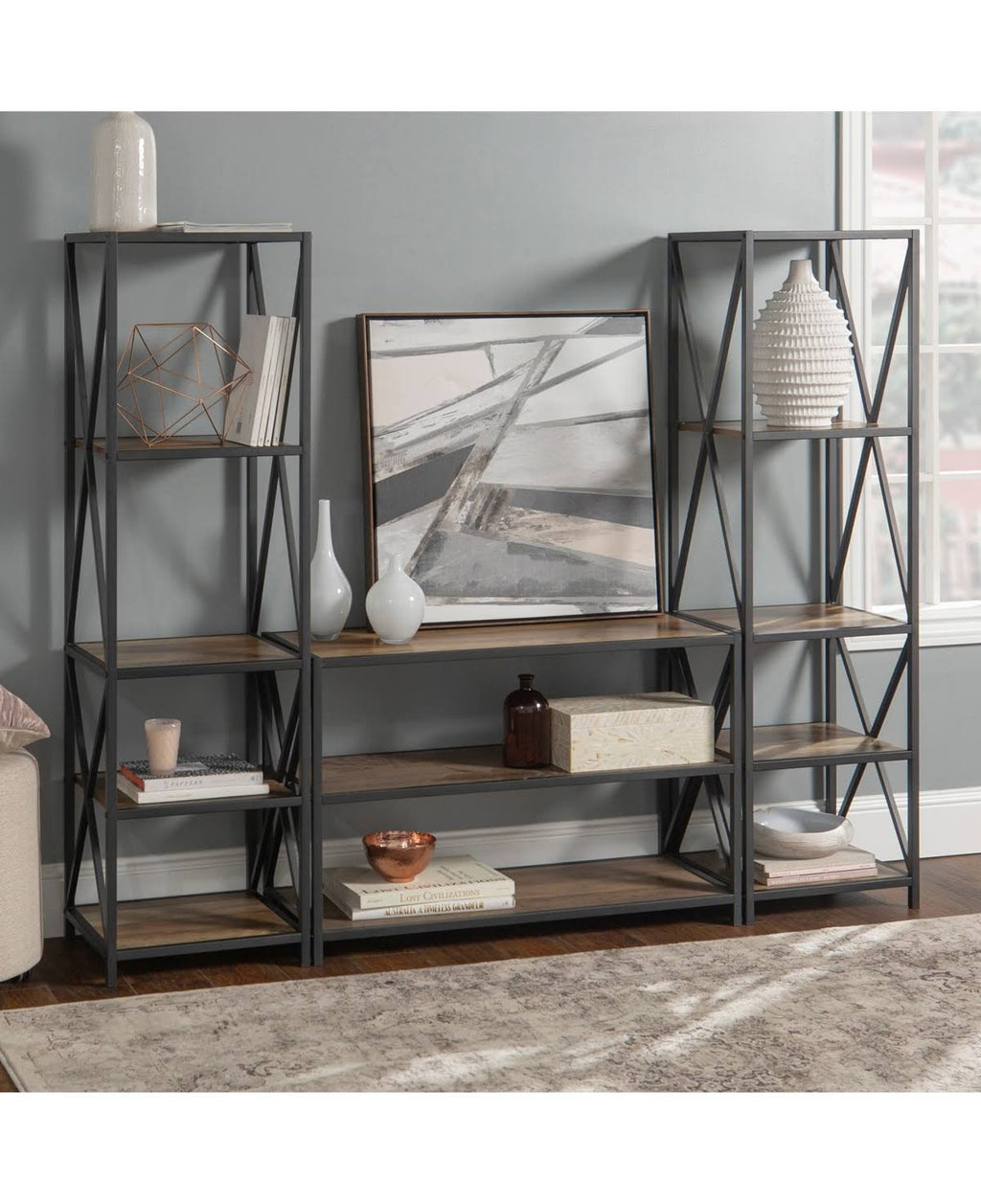 3 Piece Rustic Industrial Bookcase Set Light Brown G53218