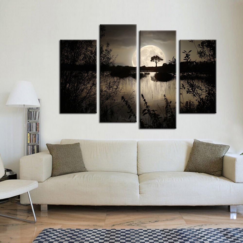 4 Pieces Canvas Prints Wall Art Big Moon Over Lake Dark Forest Modern Canvas Painting Landscape Picture Peaceful Jungle Poster Giclee Artwork Z459561