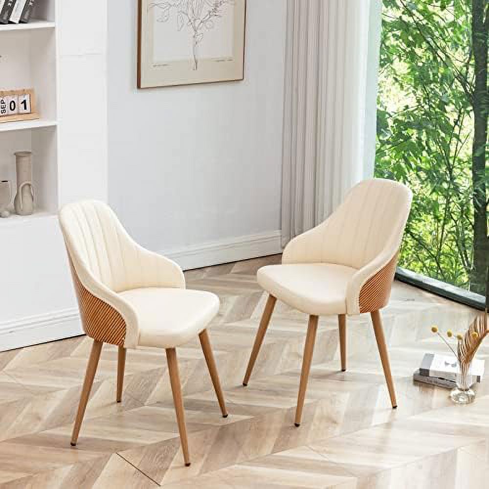 Beige Leather Upholstered Accent Arm Desk Chairs Set of 2 with Metal Legs and Bamboo Back F290