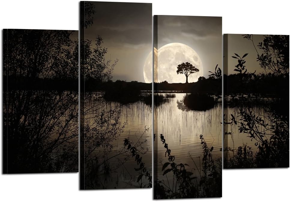 4 Pieces Canvas Prints Wall Art Big Moon Over Lake Dark Forest Modern Canvas Painting Landscape Picture Peaceful Jungle Poster Giclee Artwork Z459561