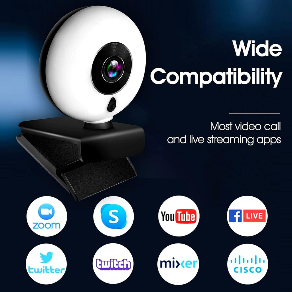 2K HD Webcam with Microphone, LED Ring Light, Privacy Cover, Flexible Tripod, Autofocus USB Computer Camera E533