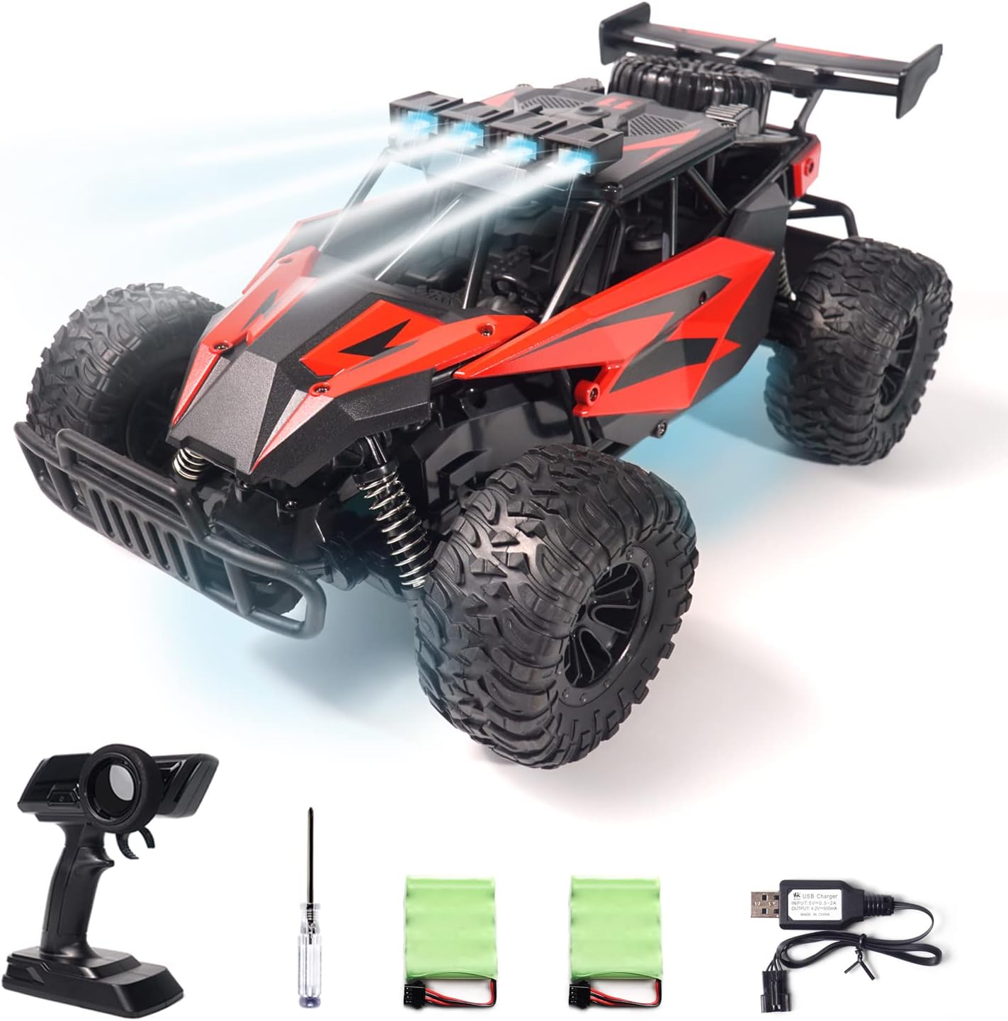 2WD 1:14 Scale Remote Control Car, LED Roof Headlight & Chassis Light, 35km/h, Red, Pack of 2 X768