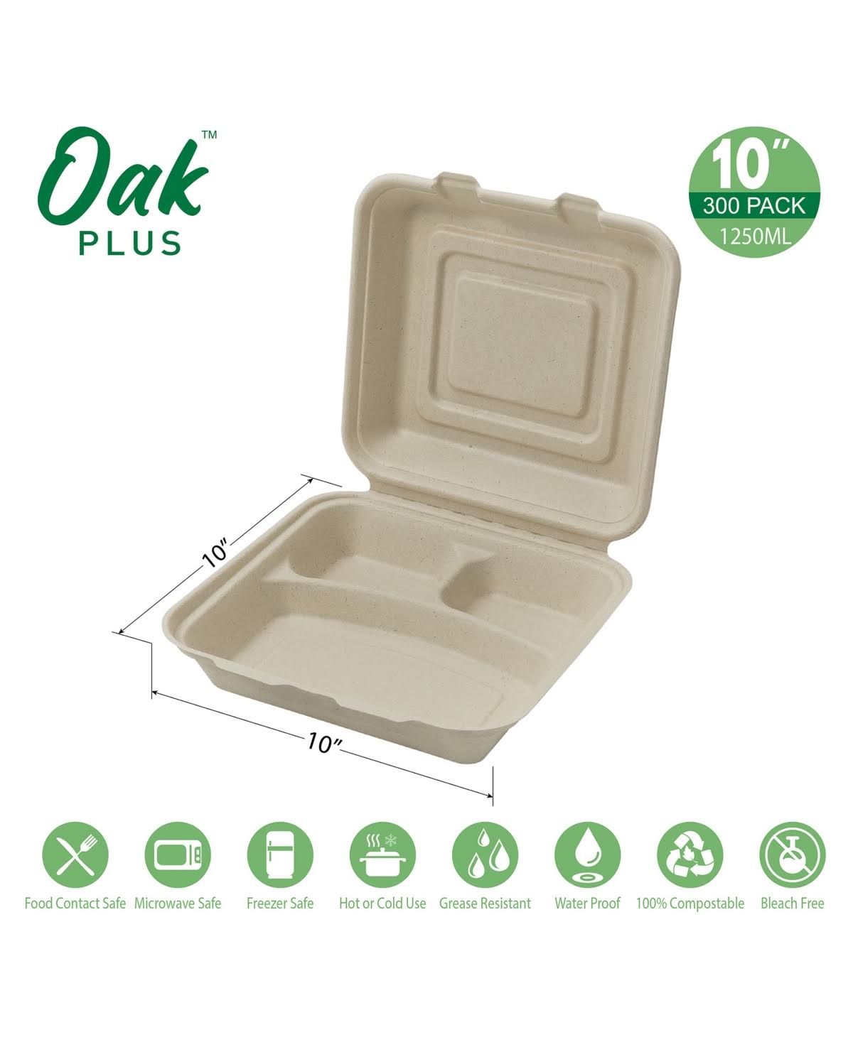 10 inch Natural Compostable Sugarcane Sectional Clamshell Containers, 300 Pack V630