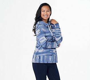 Indigo Camo Waffle Knit Cowlneck Top I988