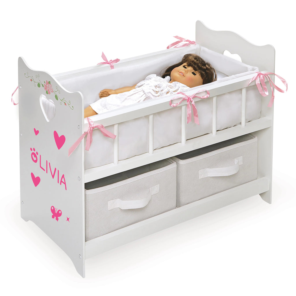 White Rose 100% Polyester Fabric Doll Crib with Two Baskets T96341