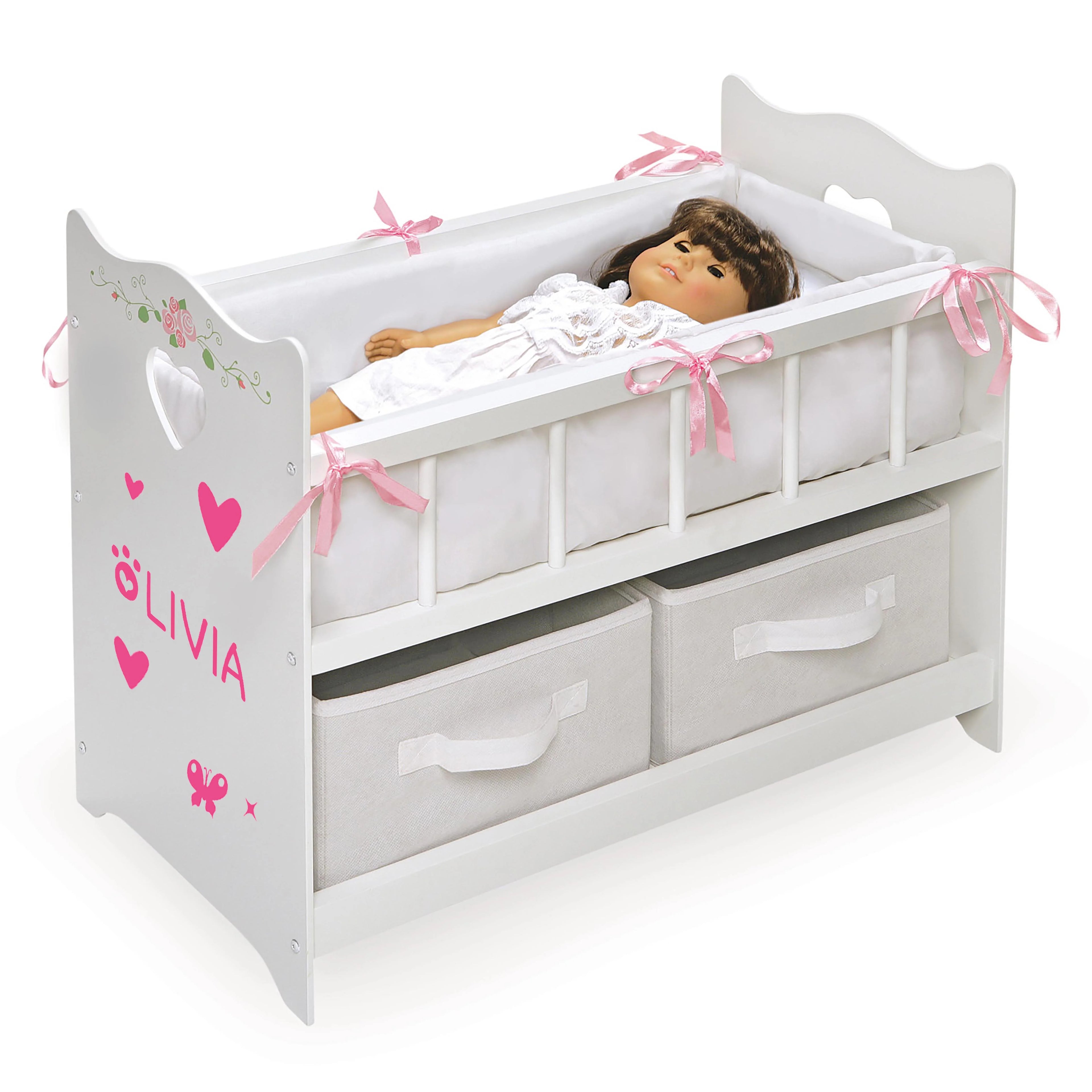 White Rose 100% Polyester Fabric Doll Crib with Two Baskets T96341