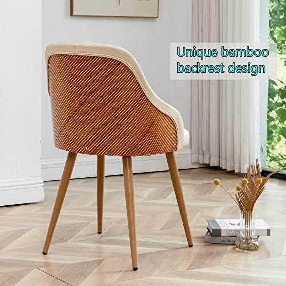 Beige Leather Upholstered Accent Arm Desk Chairs Set of 2 with Metal Legs and Bamboo Back F290