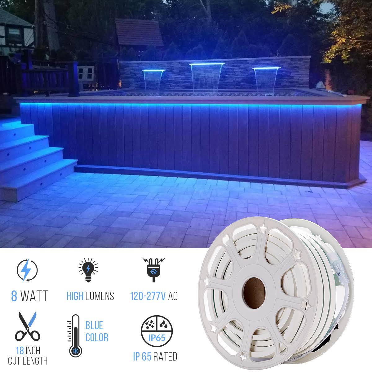 Blue LED Neon Rope Light, 51ft, IP65 Z698