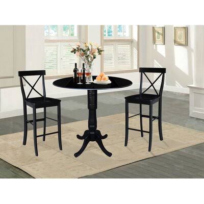 Black Rubberwood Solid Wood 3-Piece Bar Height Drop Leaf Dining Set E1463