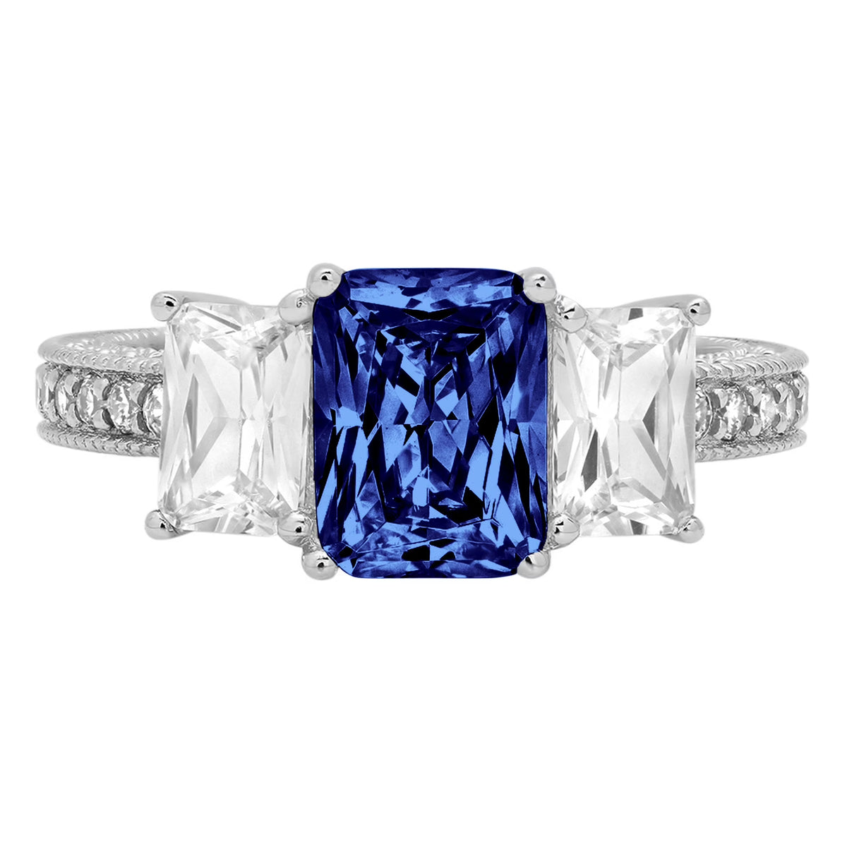 18k White Gold Three-Stone Ring with Blue Simulated Tanzanite Z7760