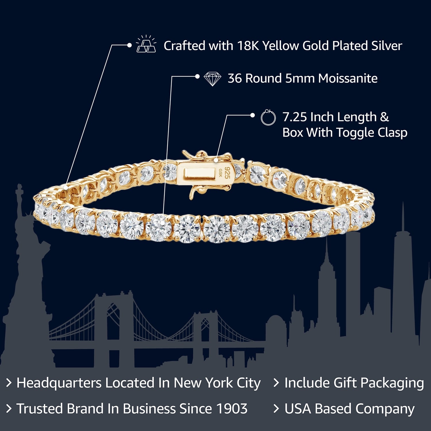 18K Yellow Gold Plated Silver White Moissanite Tennis Bracelet N246