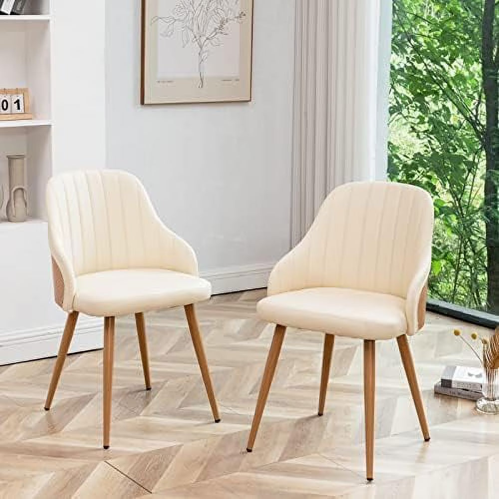 Beige Leather Upholstered Accent Arm Desk Chairs Set of 2 with Metal Legs and Bamboo Back F290