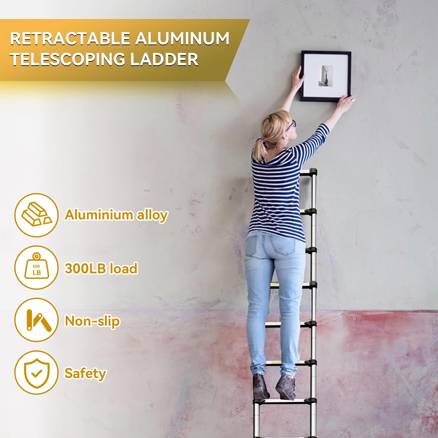 20.3FT Aluminum Telescoping Ladder with Triangle Stabilizers & Detachable Hooks, 330lbs Capacity M844