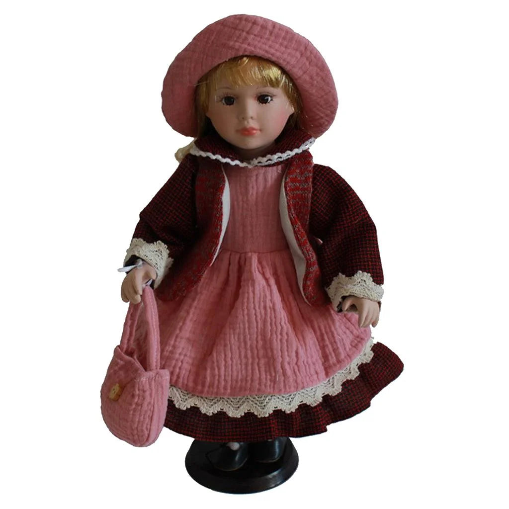 Pink Dress Porcelain Doll with Display Stand O1033