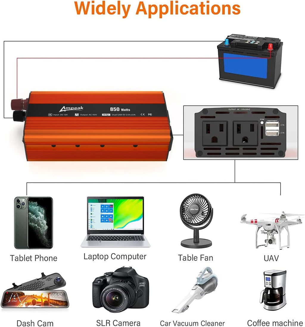 850W Car Power Inverter 12V to 110V 2 USB Ports 2 AC Outlets Pack of 2 N878