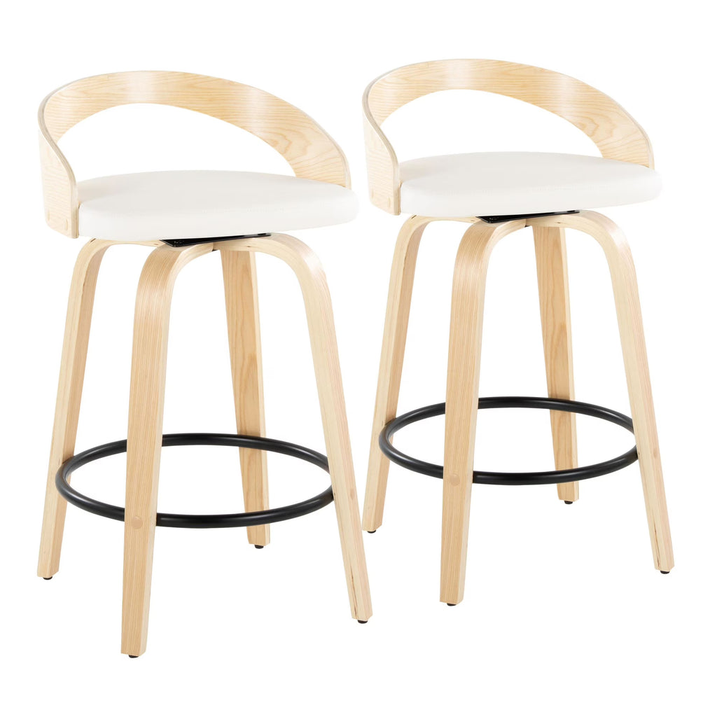 26" Counter Stool with Swivel in Natural Wood and White Faux Leather with Round Black Metal Footrest - Set of 2 V19395