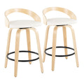 26" Counter Stool with Swivel in Natural Wood and White Faux Leather with Round Black Metal Footrest - Set of 2 V19395
