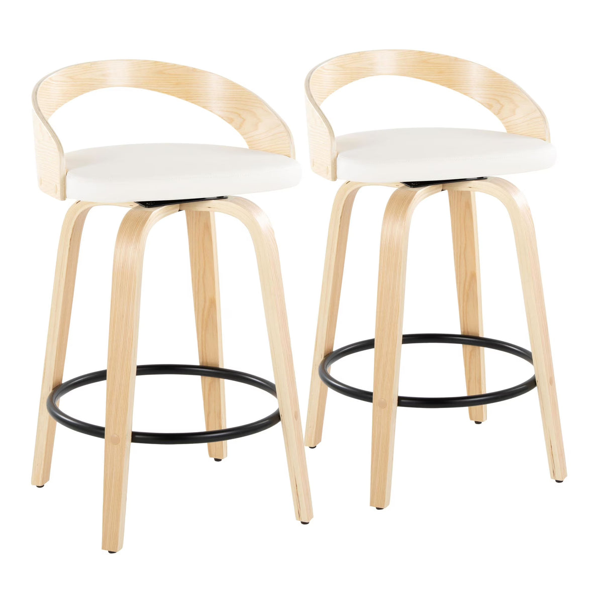 26" Counter Stool with Swivel in Natural Wood and White Faux Leather with Round Black Metal Footrest - Set of 2 V19395