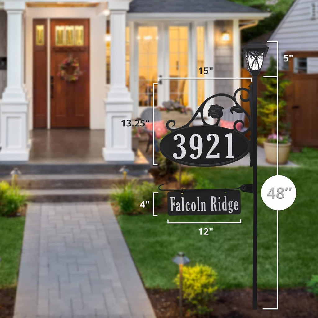Handcrafted Oval Reflective Home Address Sign with Name Rider and Solar Light C166411