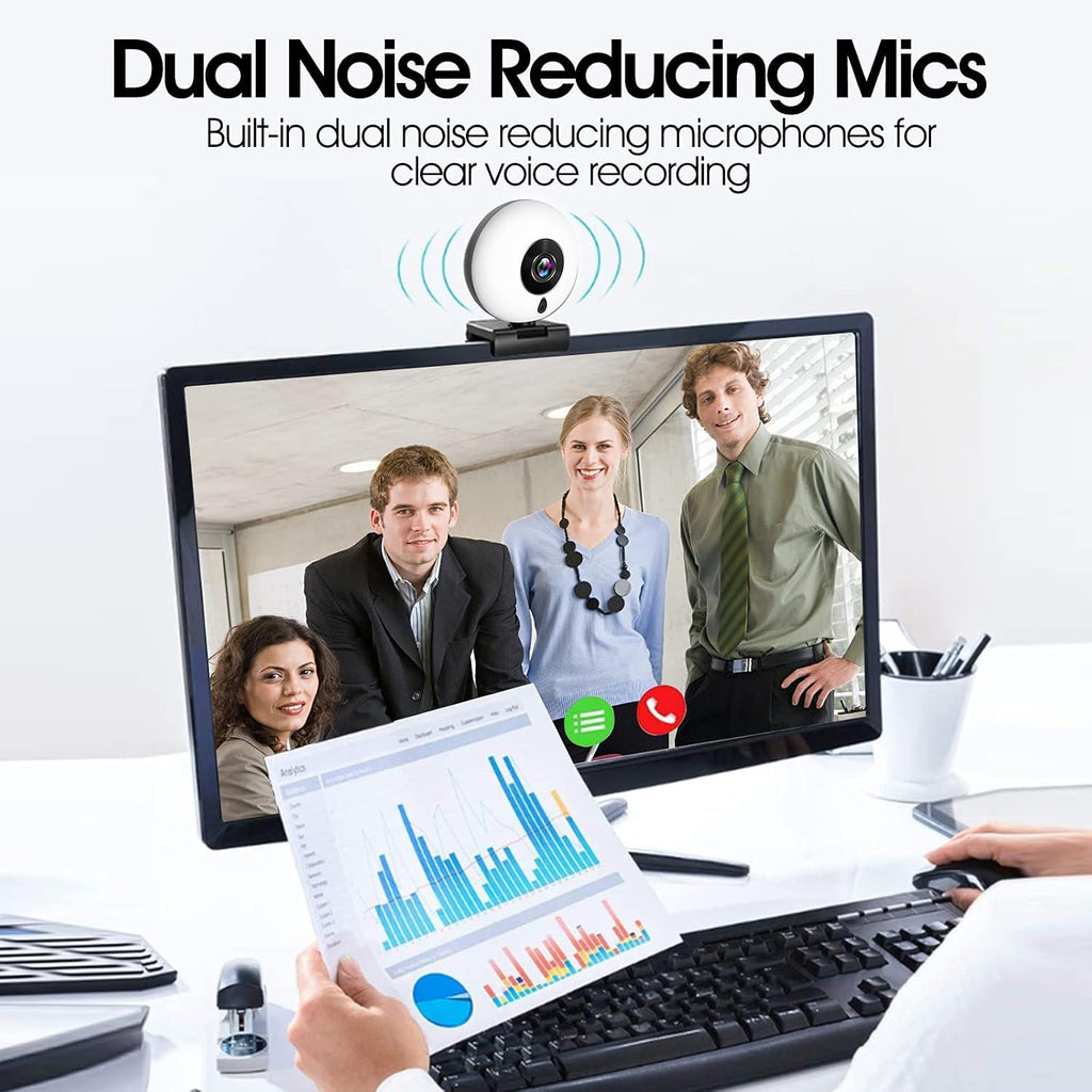 2K HD Webcam with Microphone, LED Ring Light, Privacy Cover, Flexible Tripod, Autofocus USB Computer Camera E533