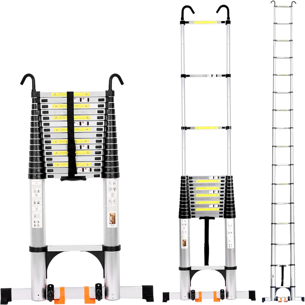 20.3FT Aluminum Telescoping Ladder with Triangle Stabilizers & Detachable Hooks, 330lbs Capacity M844