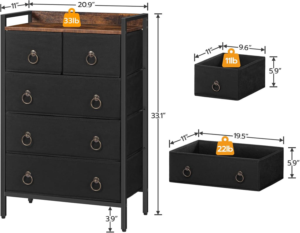 5 Drawer Dresser with Steel Frame and Wood Top D766