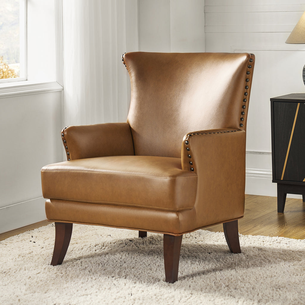 Camel Leather Upholstered Accent Chair Wood Leg C79124
