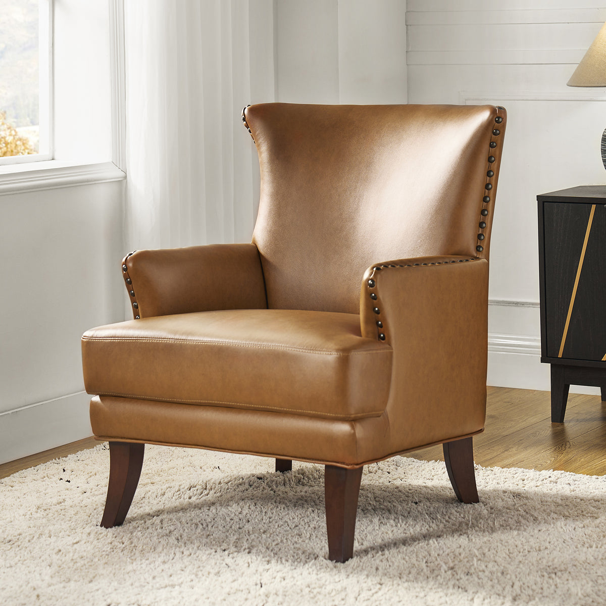 Camel Leather Upholstered Accent Chair Wood Leg C79124