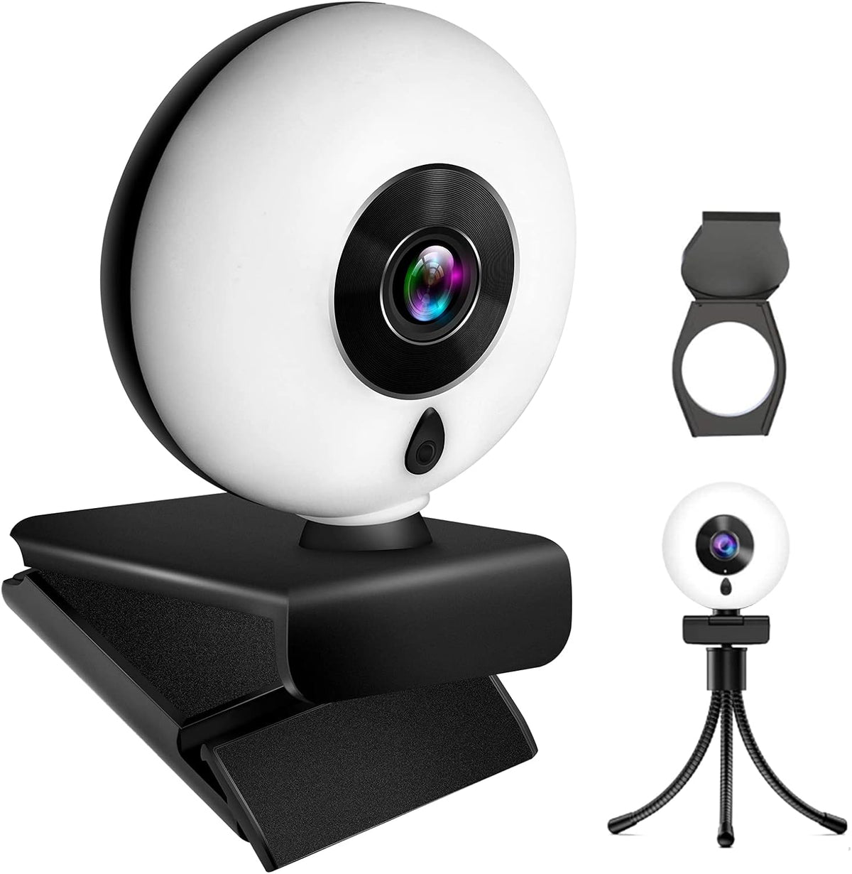2K HD Webcam with Microphone, LED Ring Light, Privacy Cover, Flexible Tripod, Autofocus USB Computer Camera E533