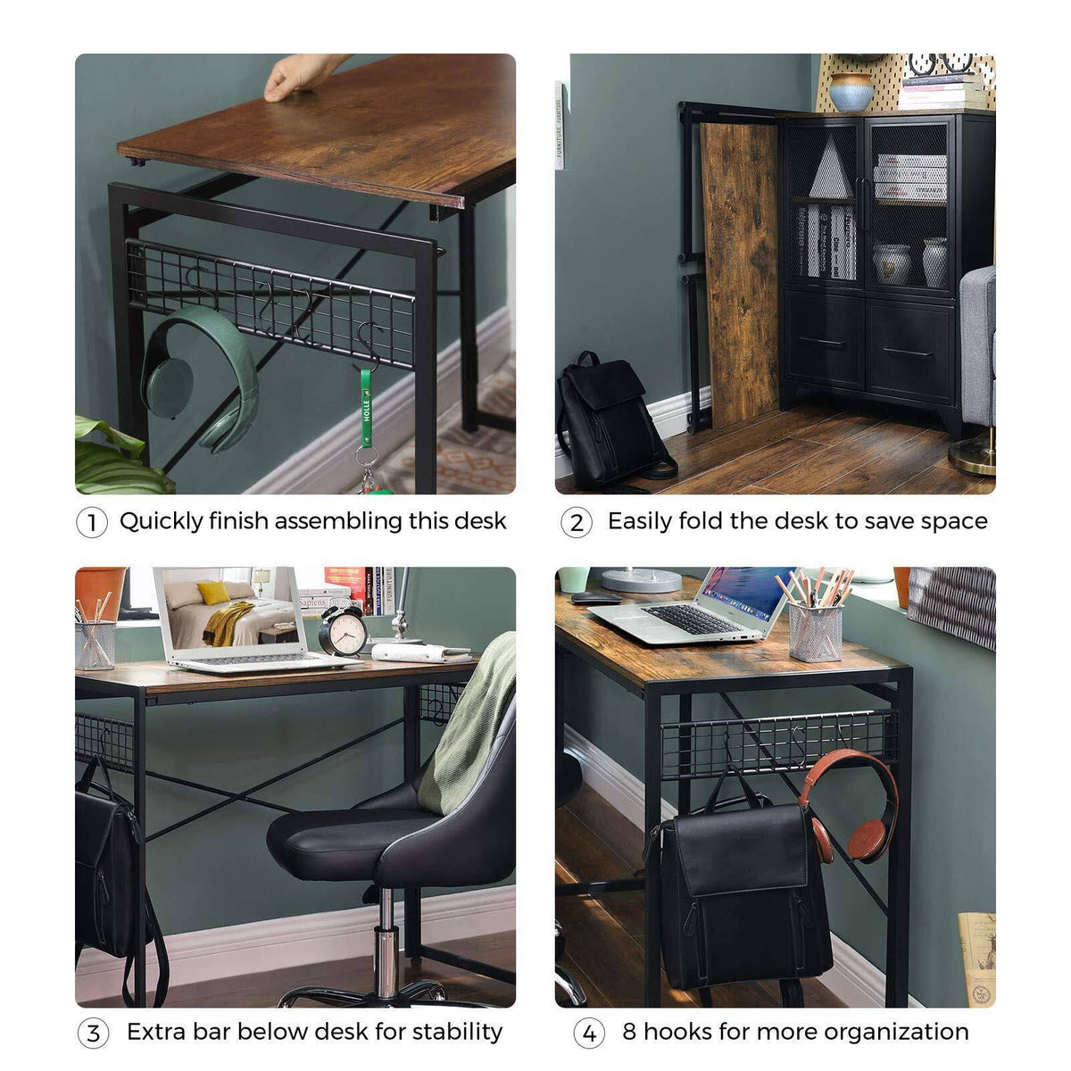 Black 39-Inch Folding Desk with 8 Hooks V433